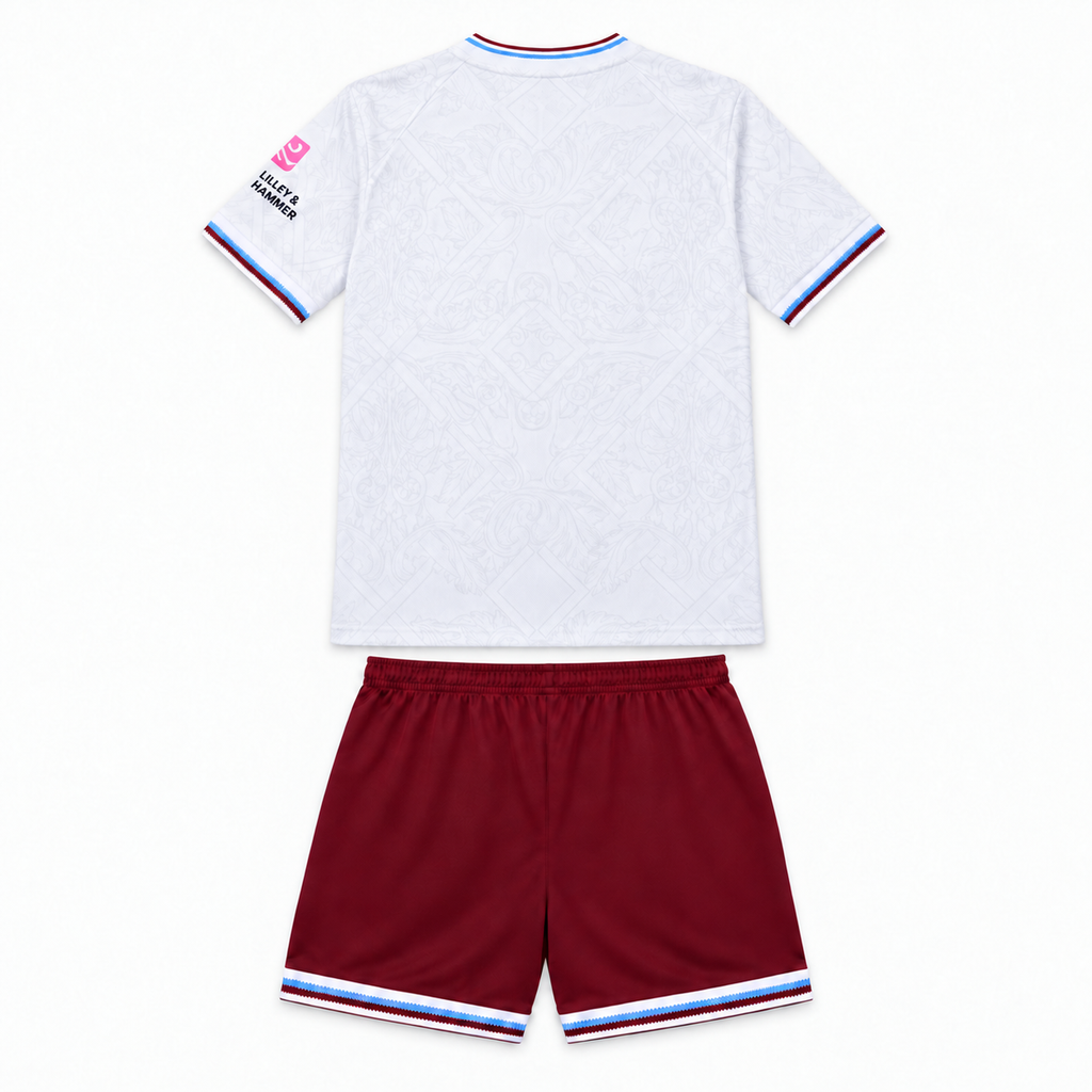West Ham United 2026/27 Away Kids Kit - shirt and shorts back; AI-assisted studio visualization based on the supplier-verified kit