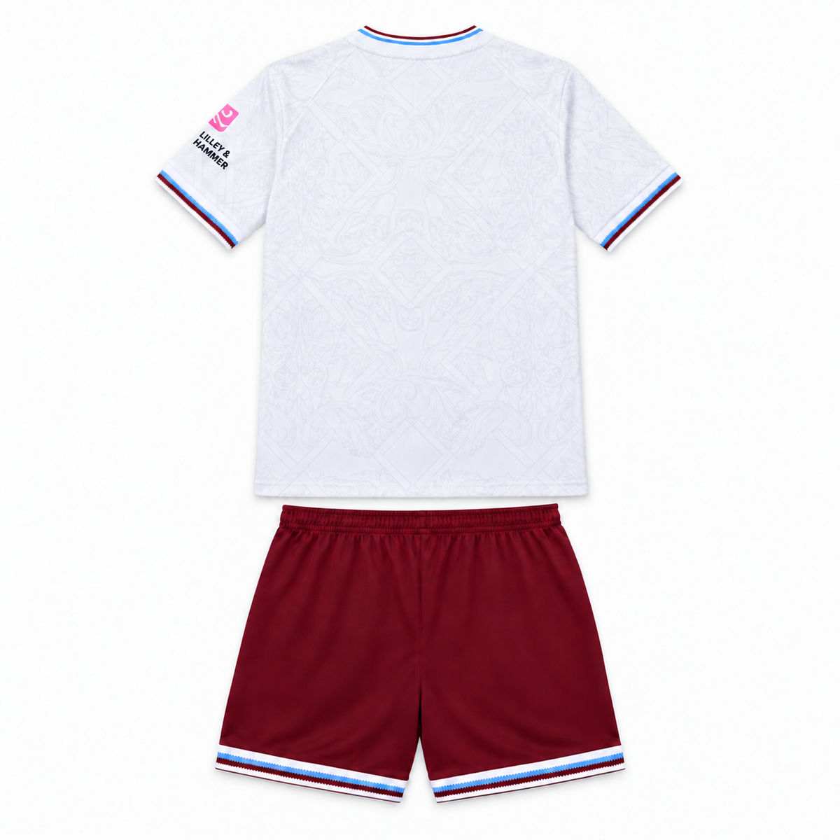 West Ham United 2026/27 Away Kids Kit - shirt and shorts back; AI-assisted studio visualization based on the supplier-verified kit
