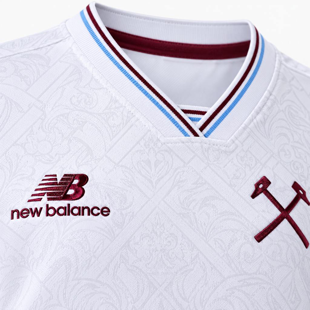 West Ham United 2026/27 Away Kids Kit - collar and fabric detail; AI-assisted studio visualization based on the supplier-verified kit