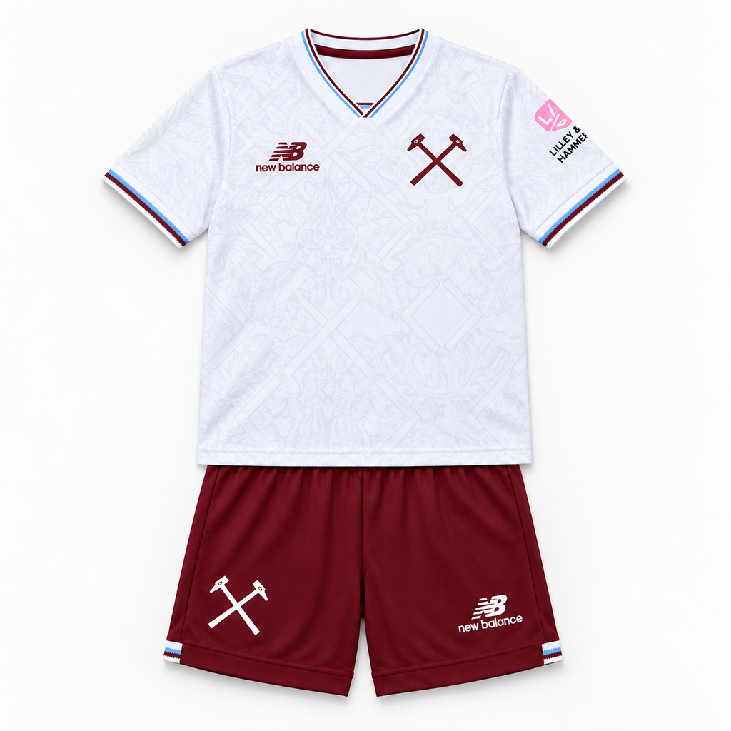 West Ham United 2026/27 Away Kids Kit - shirt and shorts front; AI-assisted studio visualization based on the supplier-verified kit