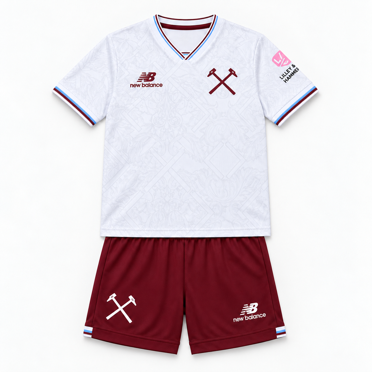 West Ham United 2026/27 Away Kids Kit - shirt and shorts front; AI-assisted studio visualization based on the supplier-verified kit