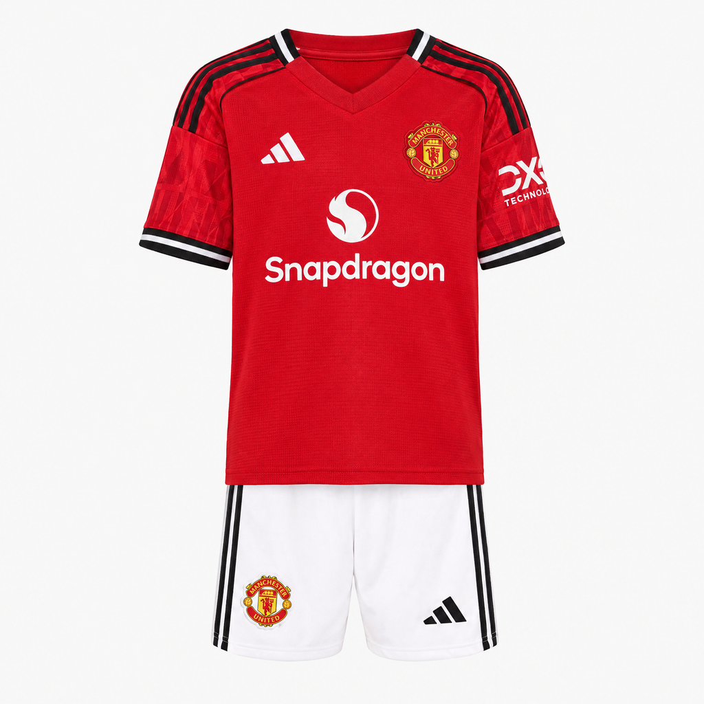 Manchester United 2025/26 Home Kids Kit - shirt and shorts front view