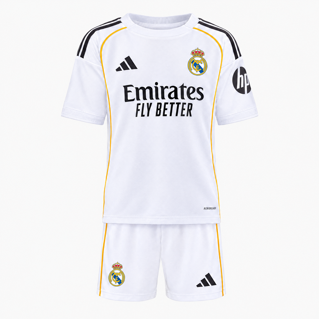 Real Madrid 2025/26 Home Kids Kit - shirt and shorts front view