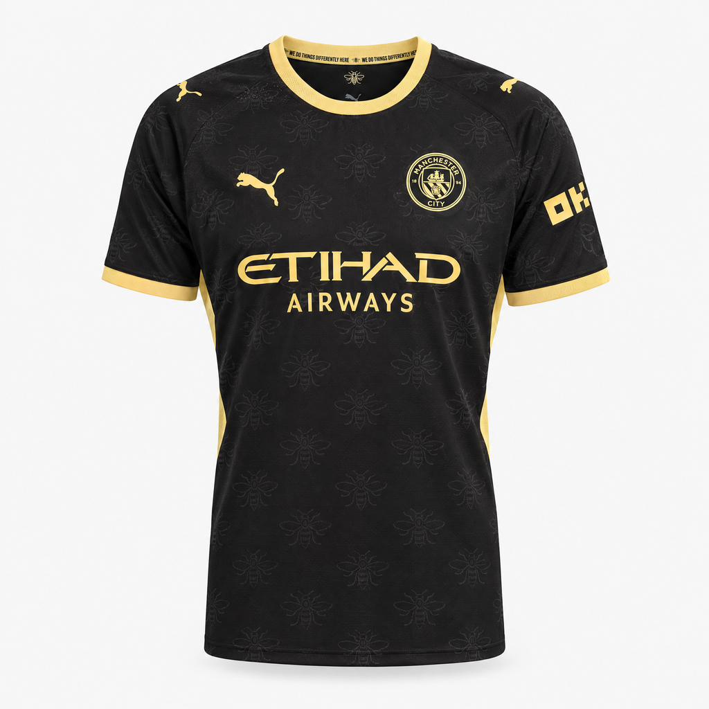 Manchester City 2026/27 Away Player Jersey - front studio product view; AI-assisted adaptation from garment reference