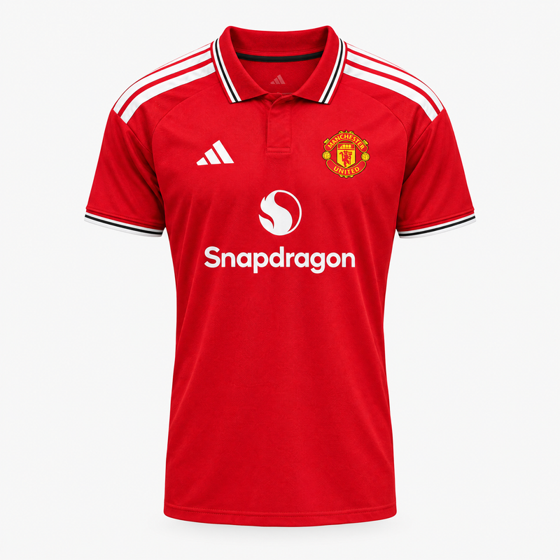 Manchester United 2026/27 Home Jersey - front studio product view; AI-assisted adaptation from garment reference