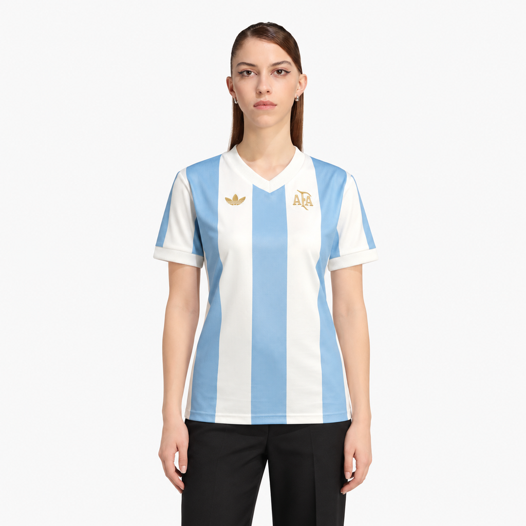 Argentina Women's Anniversary Jersey 2024 — front on female model; AI-assisted product visualization