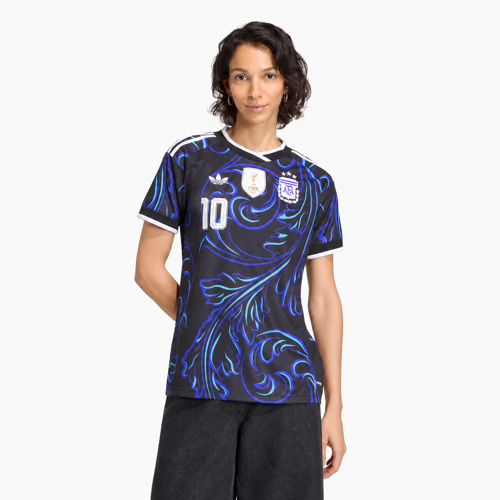 Argentina Messi #10 women's away jersey 2026 — front on female model; AI-assisted product visualization