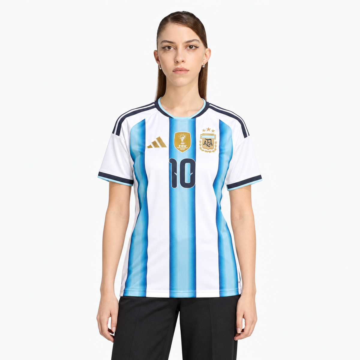 Argentina Messi #10 Women's Home Jersey 2026 World Cup — front on female model; AI-assisted product visualization