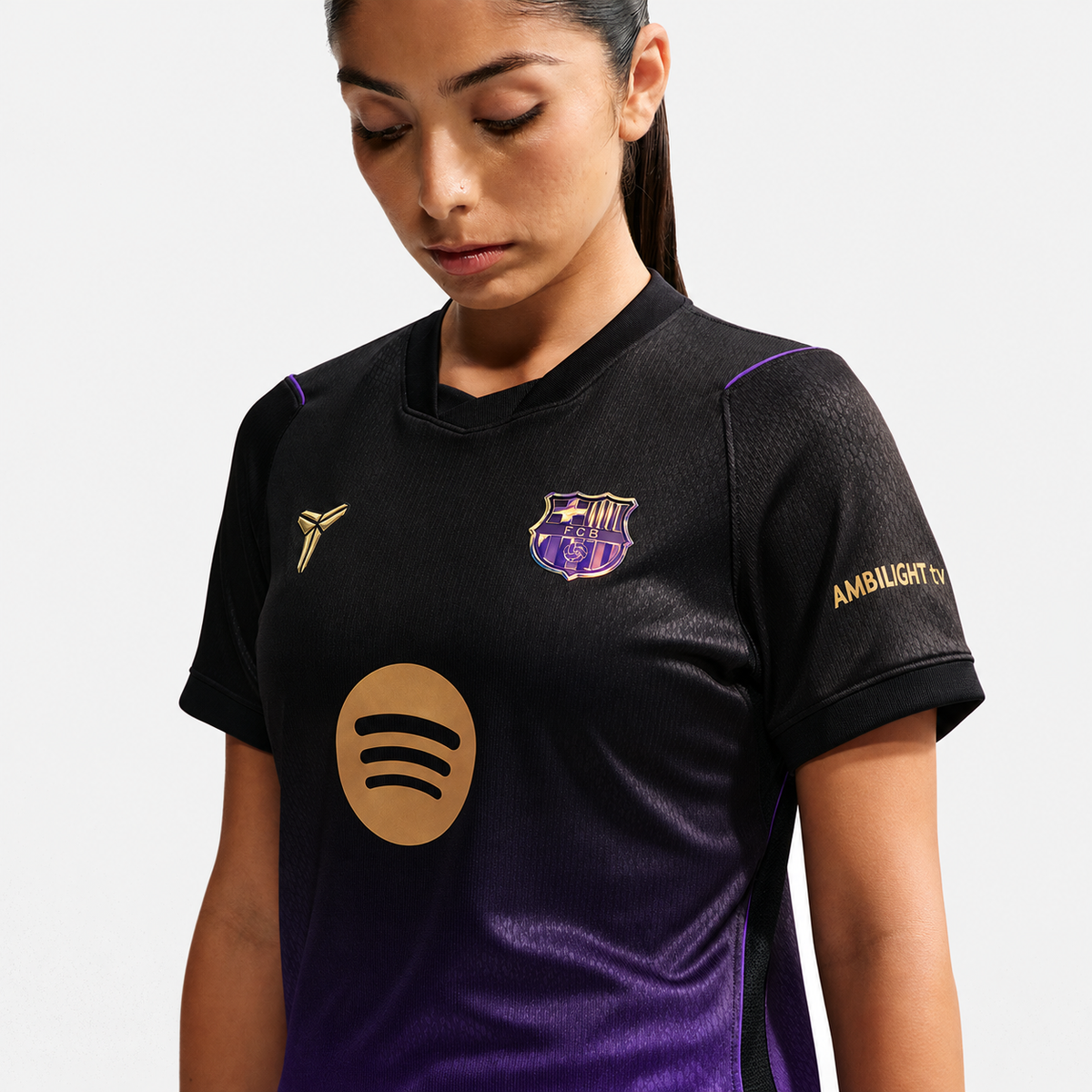 Barcelona women's away jersey — detail view, matched to supplier version. AI-assisted image edit.