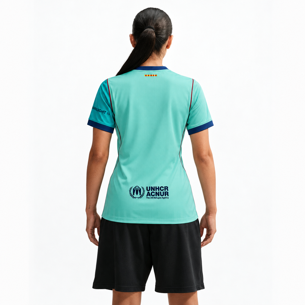 Barcelona women's third jersey — back view, matched to supplier version. AI-assisted image edit.