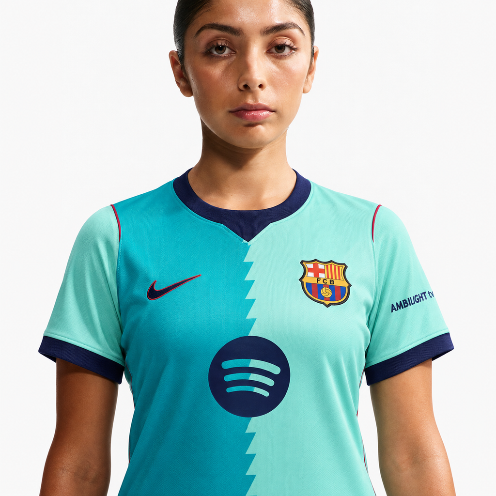 Barcelona women's third jersey — detail view, matched to supplier version. AI-assisted image edit.