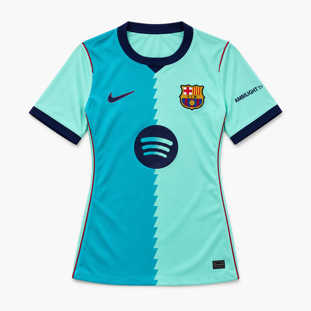 Barcelona women's third jersey — pack view, matched to supplier version. AI-assisted image edit.