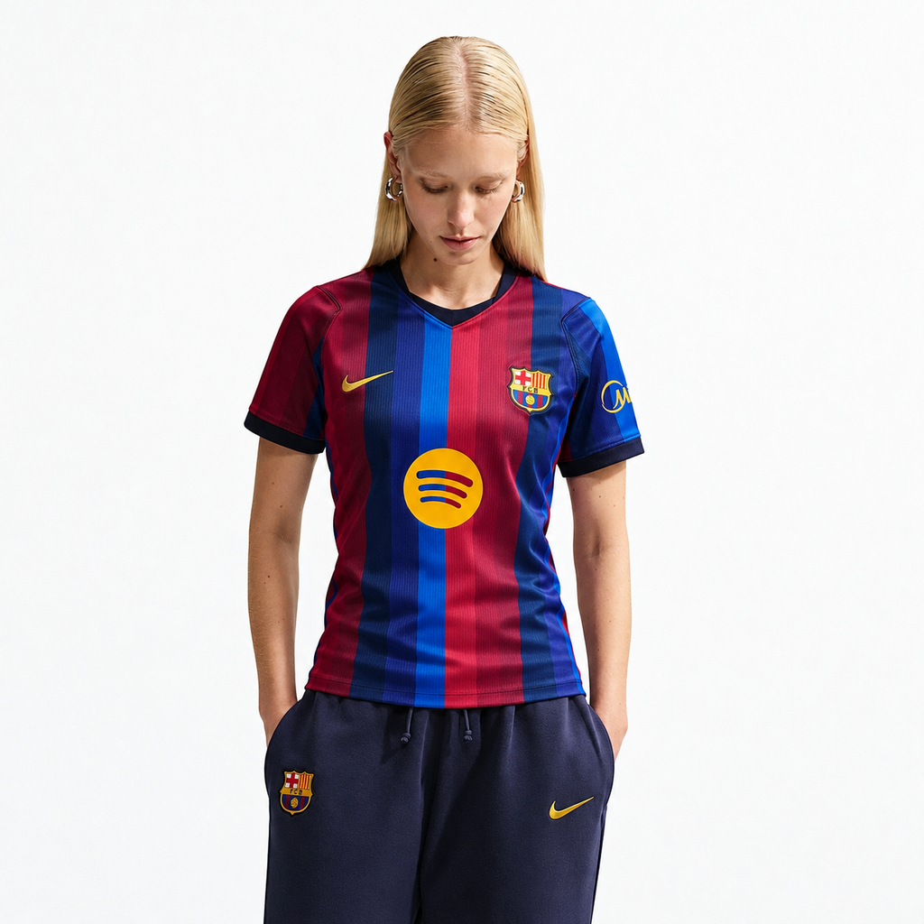 Barcelona 2026/27 home women’s jersey worn full length, front view. AI-assisted image edit.