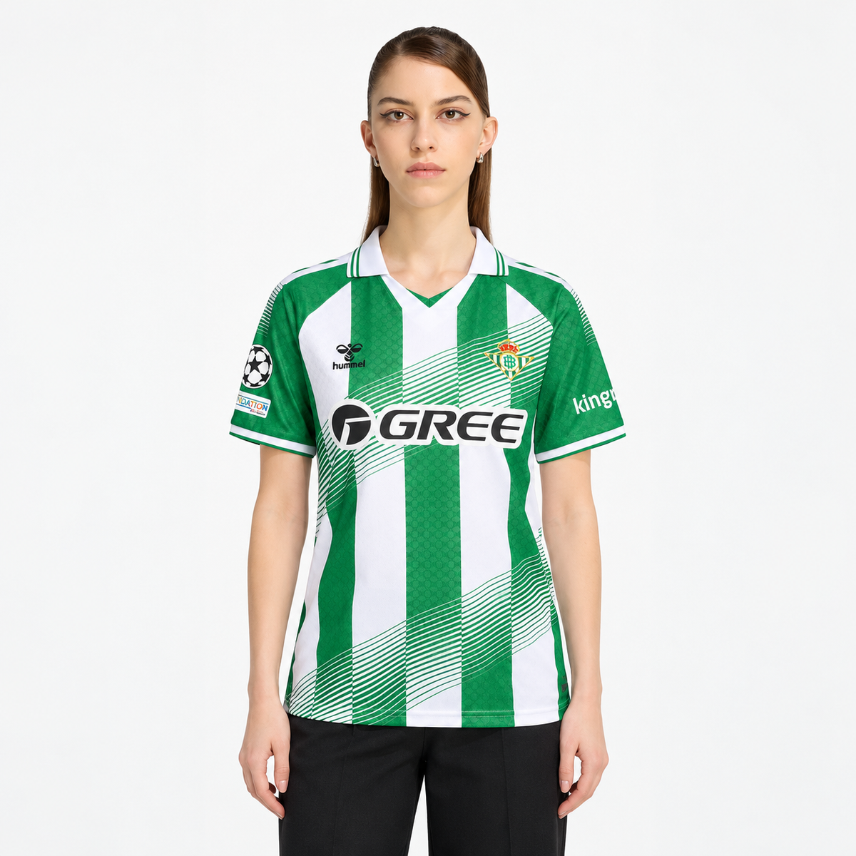 Real Betis 2026/27 Home Women's Jersey — front on female model; AI-assisted product visualization