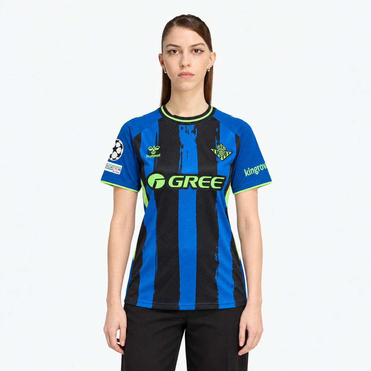 Real Betis 2026/27 Third Women's Jersey — front on female model; AI-assisted product visualization
