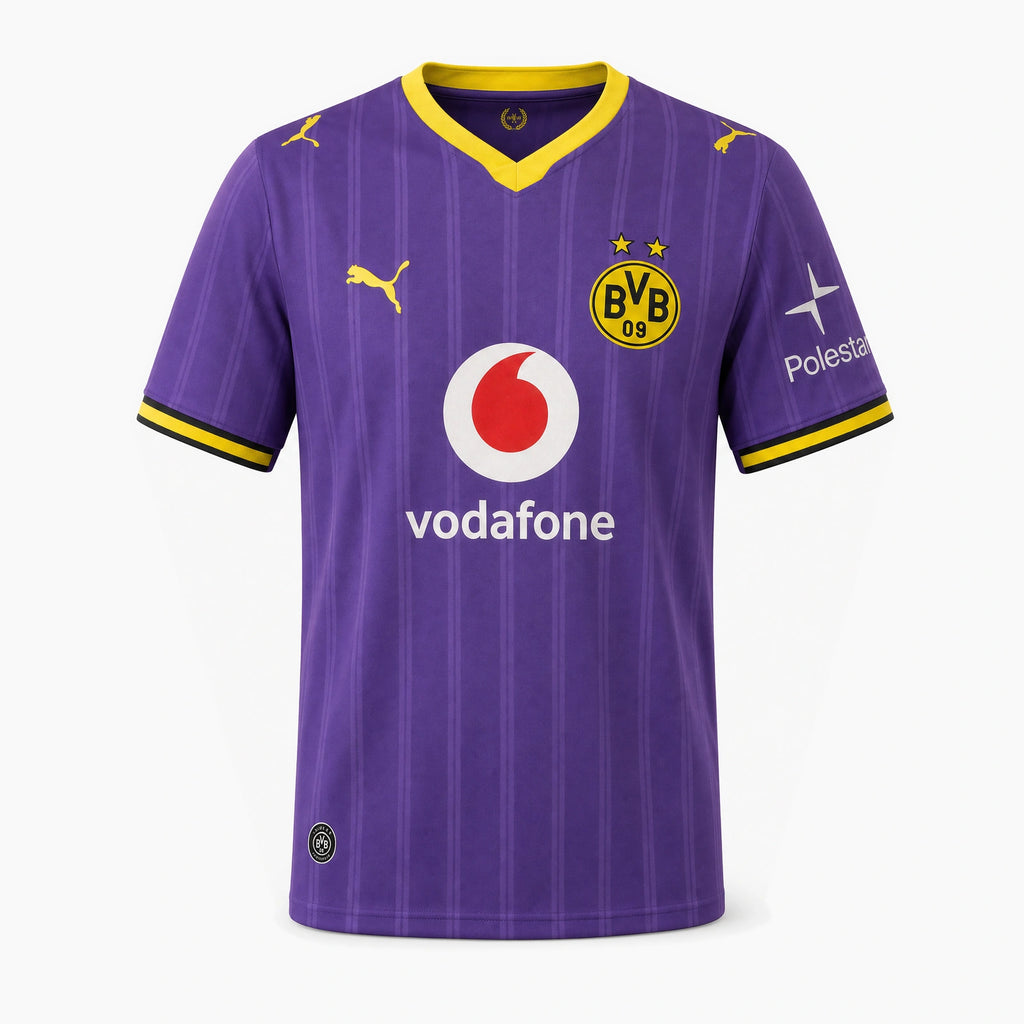 Borussia Dortmund 2026/27 Third fan jersey, front with Vodafone sponsor, purple with yellow trim.