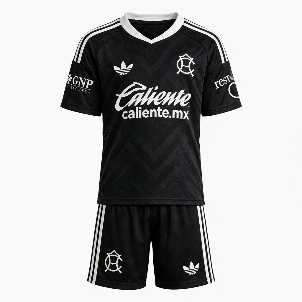 Club América 2026/27 Away Kids Kit - black shirt and shorts, front view