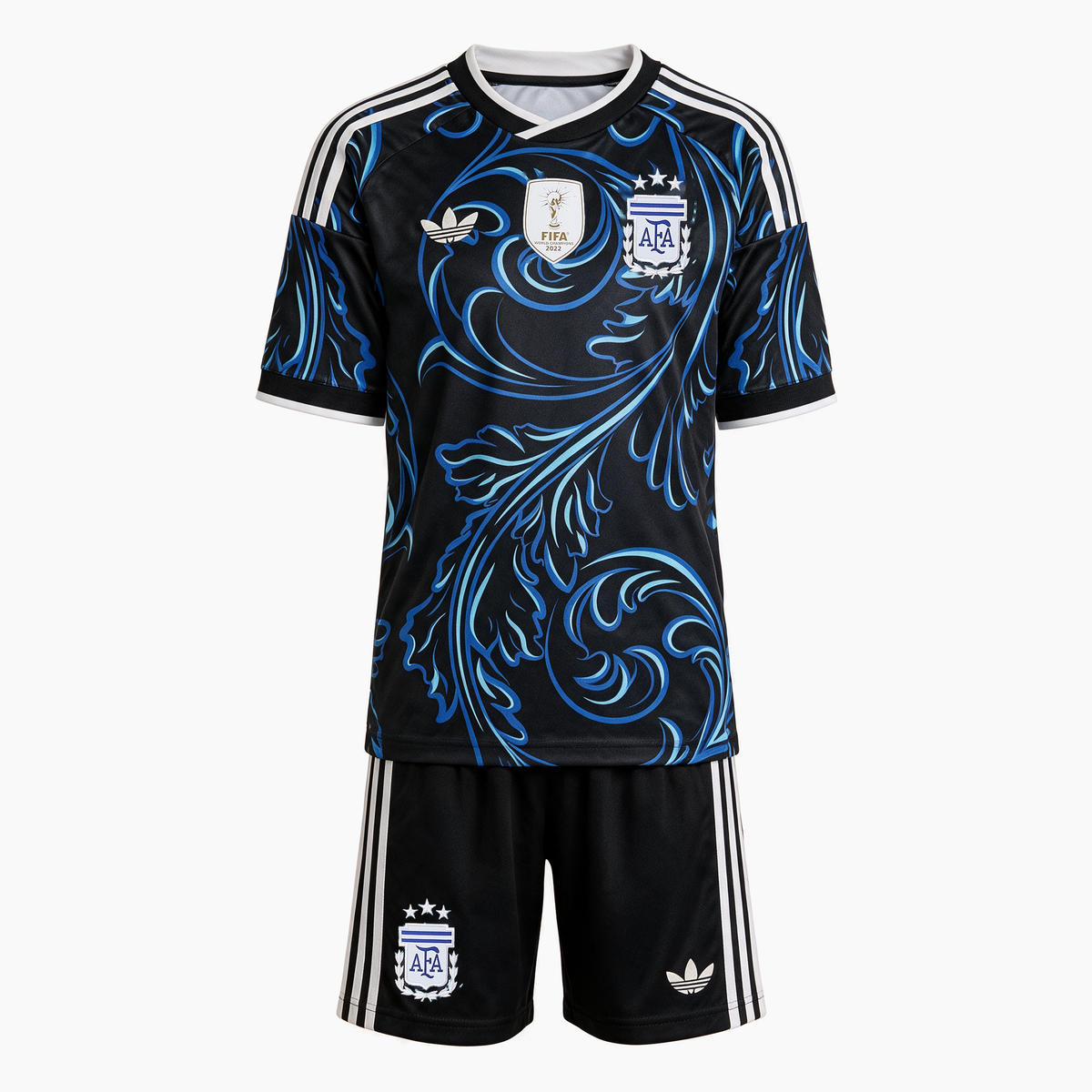 Argentina Kids Away Kit 2026 World Cup - shirt and shorts, front view