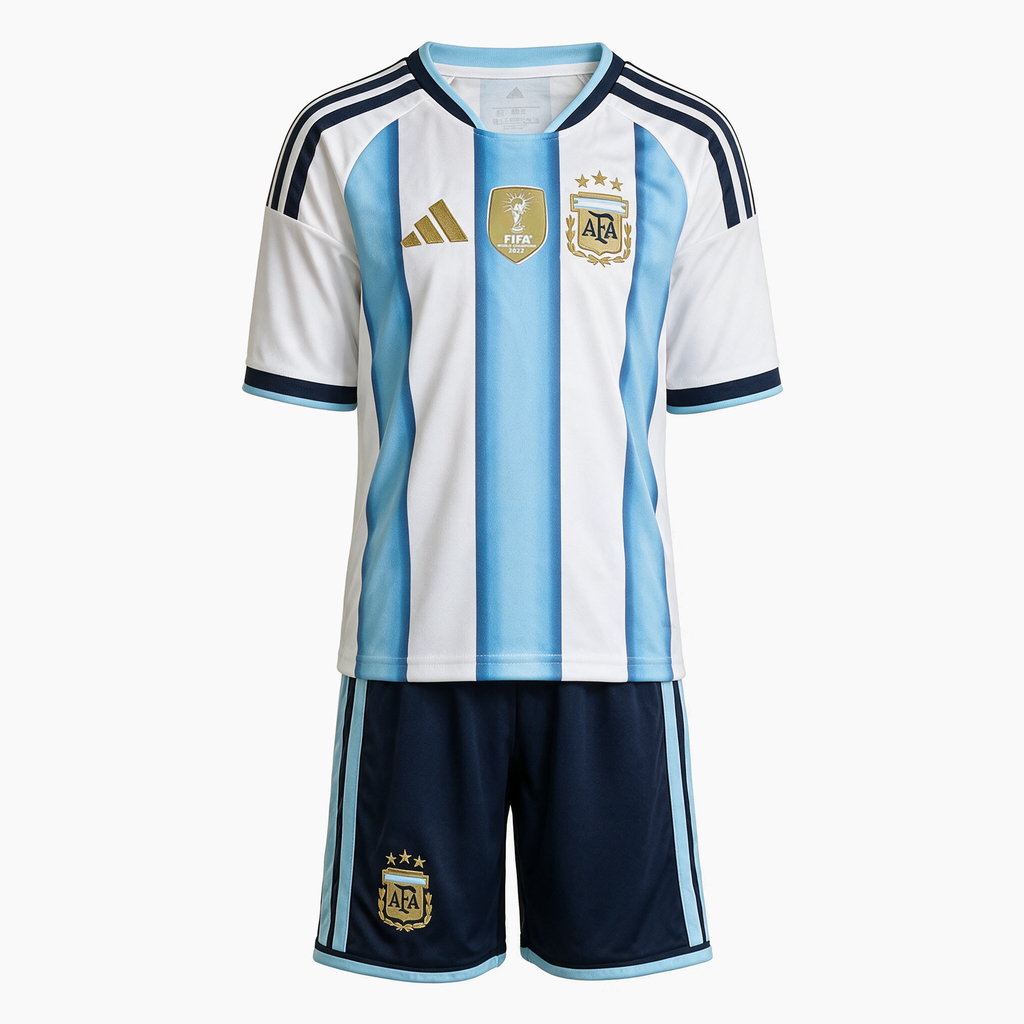 Argentina Kids Home Kit 2026 World Cup - shirt and shorts, front view