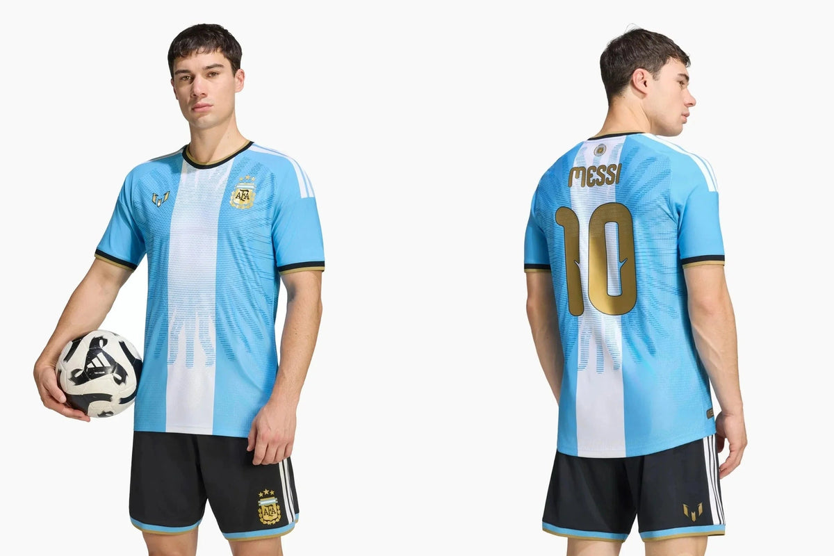 Vistas frontal y trasera de la camiseta Argentina Messi Último Tango de jugador, en modelo.