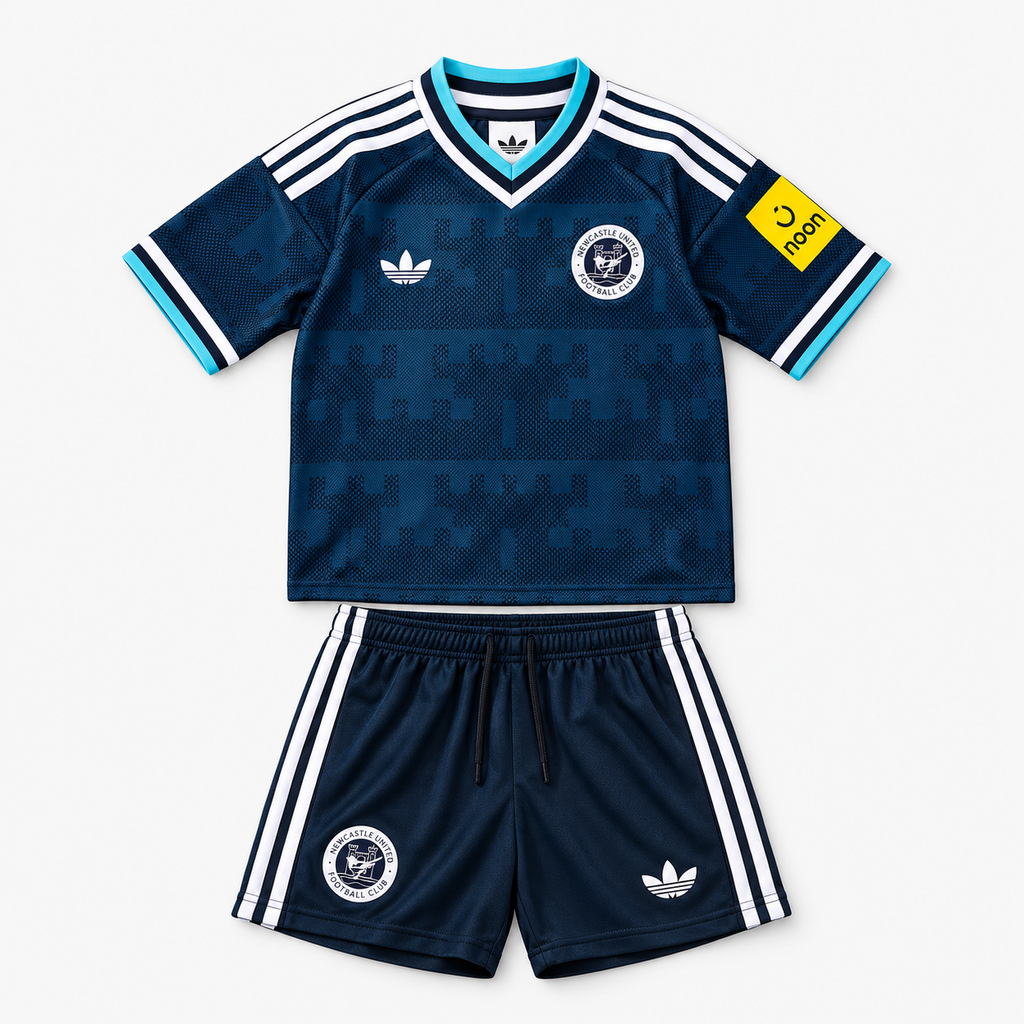 Newcastle United 2026/27 Away Kids Kit — shirt and shorts front; AI-assisted visualization of supplier-verified kit