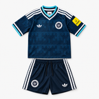 Newcastle United 2026/27 Away Kids Kit — shirt and shorts front; AI-assisted visualization of supplier-verified kit