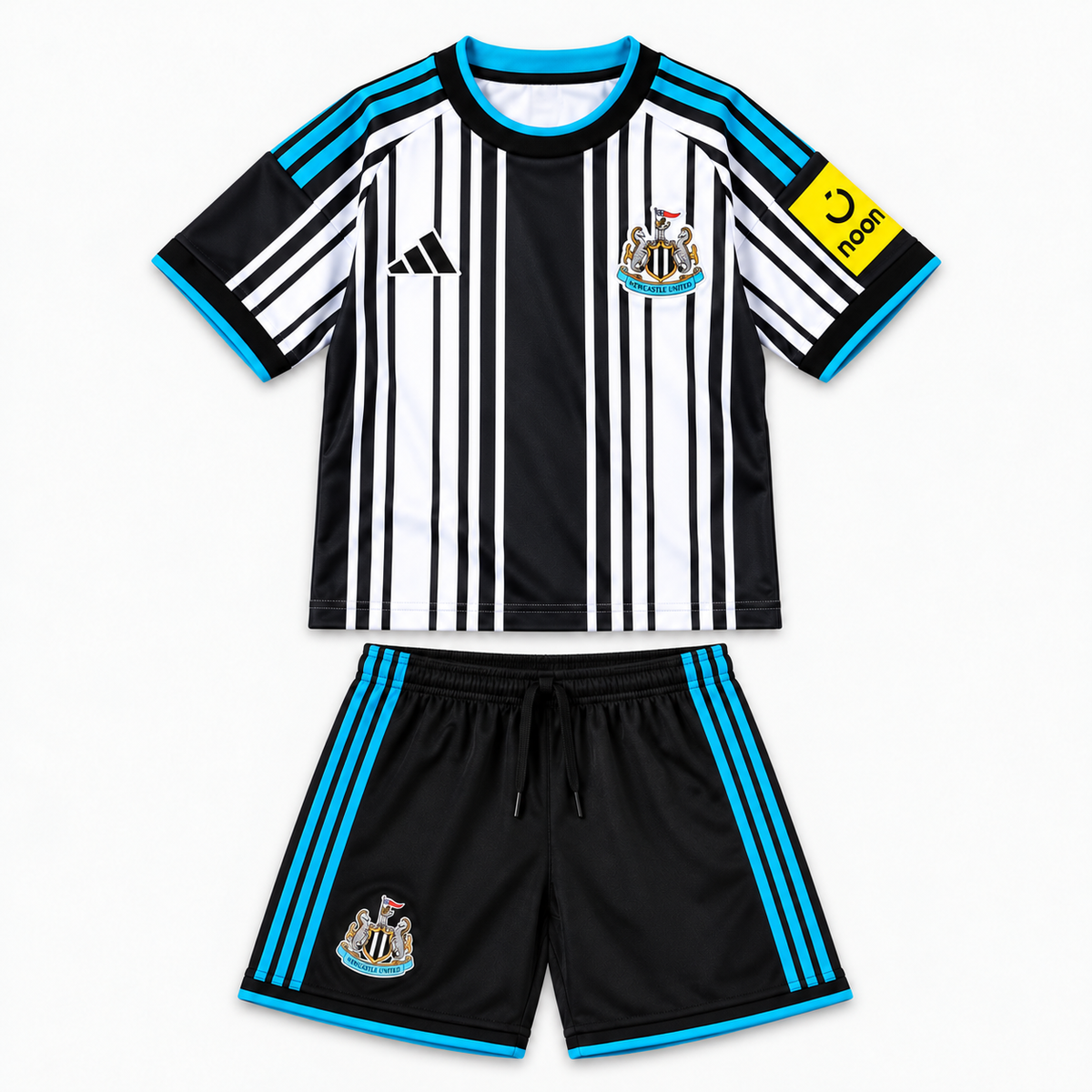 Newcastle United 2026/27 Home Kids Kit — shirt and shorts front; AI-assisted visualization of supplier-verified kit