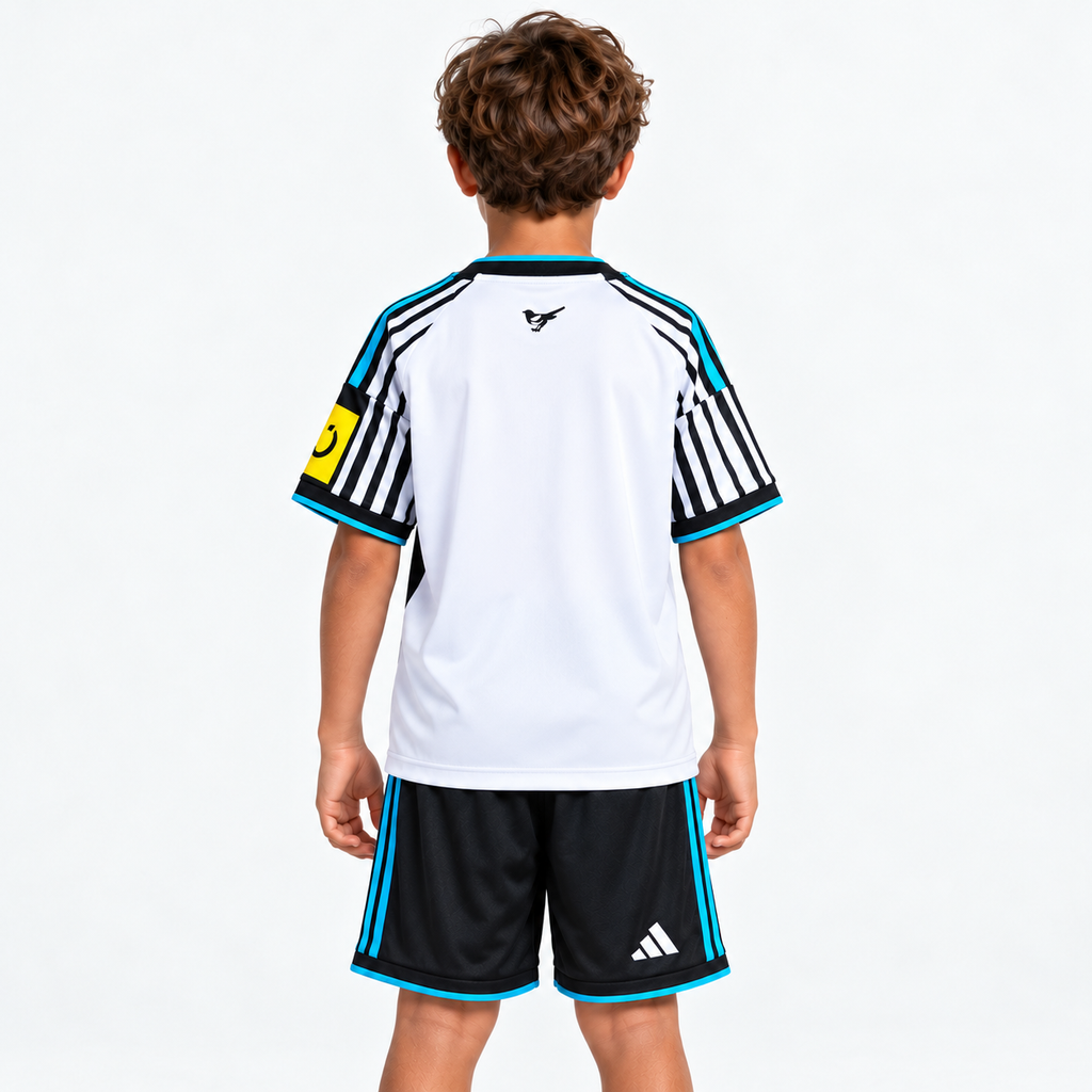 Newcastle United 2026/27 Home Kids Kit — back on child model; AI-assisted visualization of supplier-verified kit