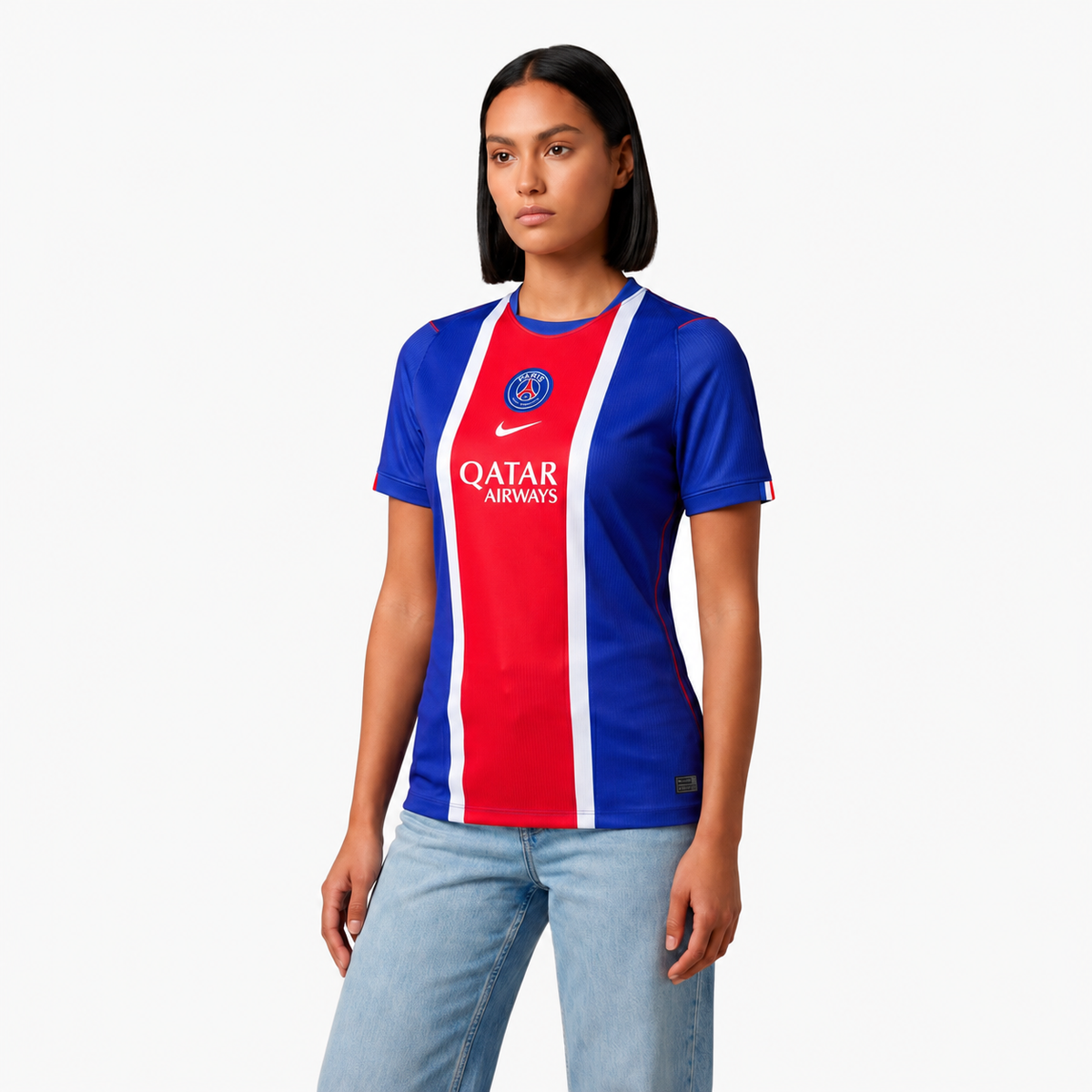 Paris Saint-Germain 2026/27 Home Women's Jersey — front view on model, AI-assisted image edit